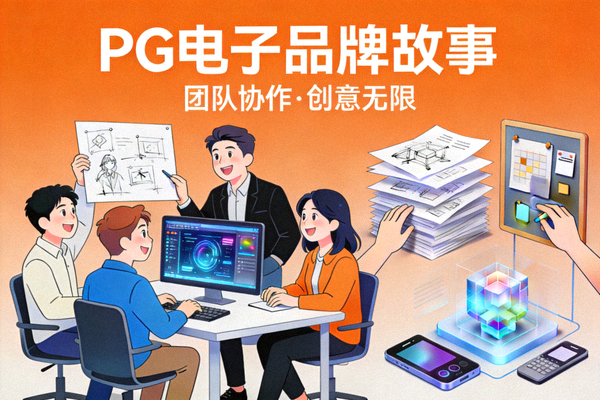 PG电子品牌故事展示图，包含团队协作与创意设计元素